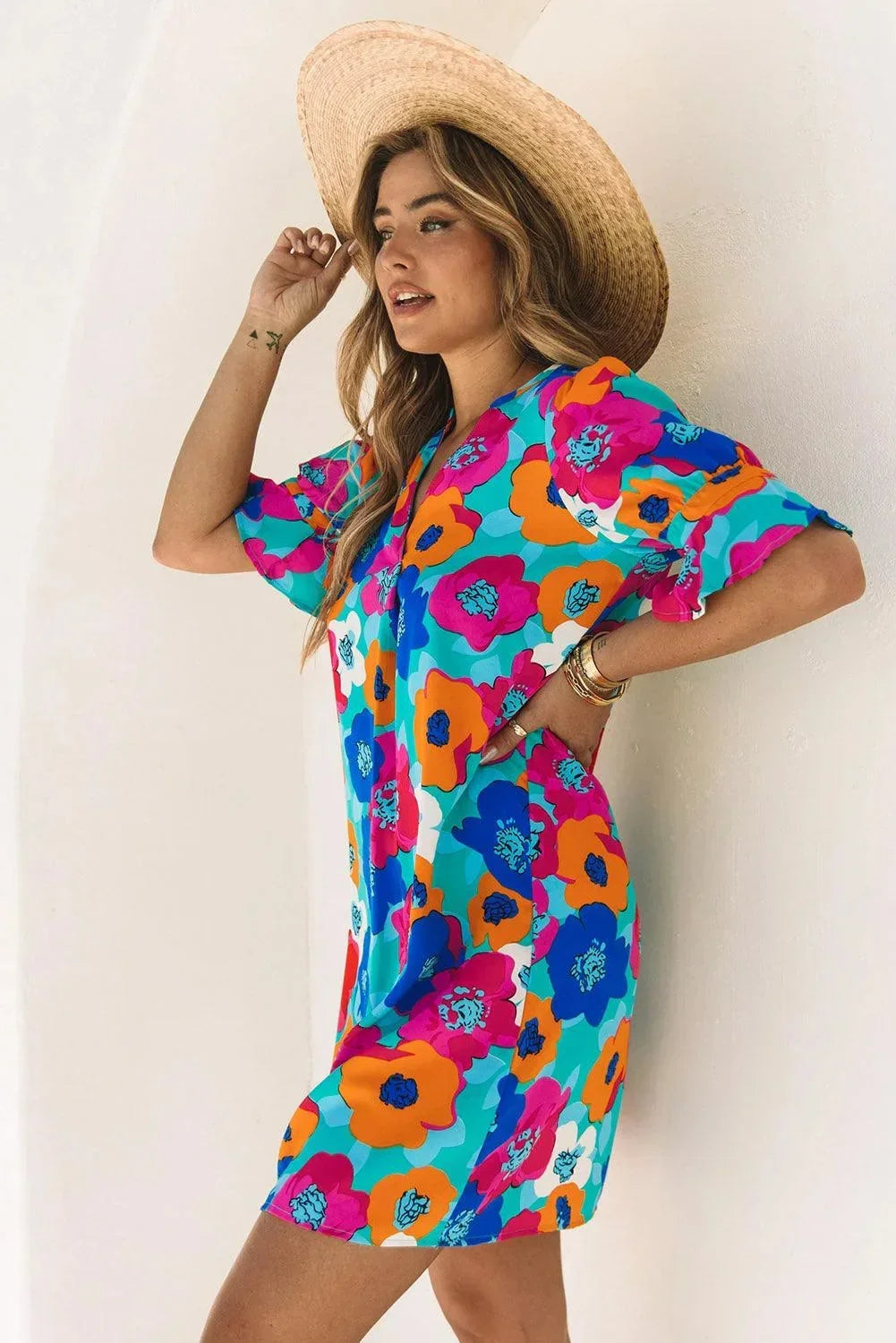 Robe courte femme imprimée fleurs col V manches 3/4 | ROBEMODE