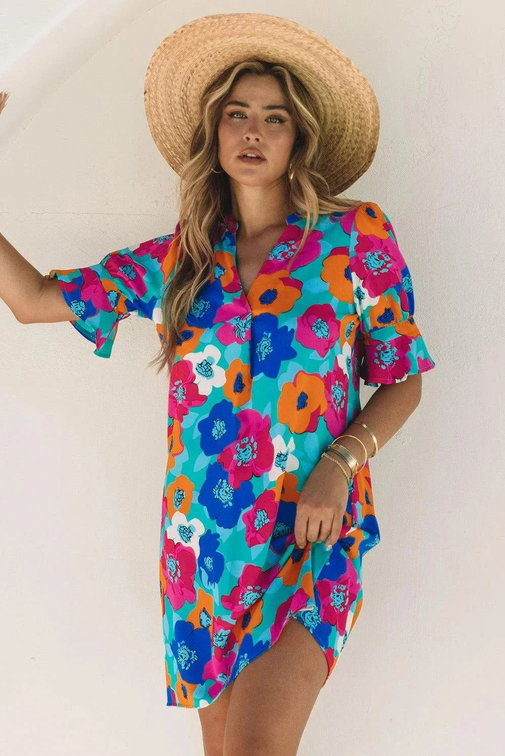 Robe courte femme imprimée fleurs col V manches 3/4 | ROBEMODE