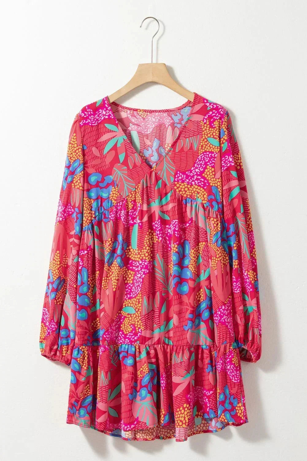 Robe courte femme imprimée manches longues rose vif | ROBEMODE