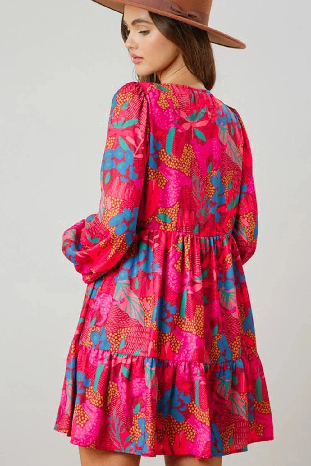 Robe courte femme imprimée manches longues rose vif | ROBEMODE