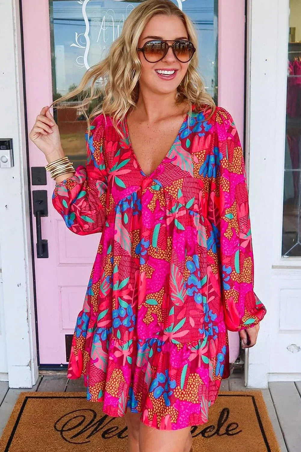 Robe courte femme imprimée manches longues rose vif | ROBEMODE