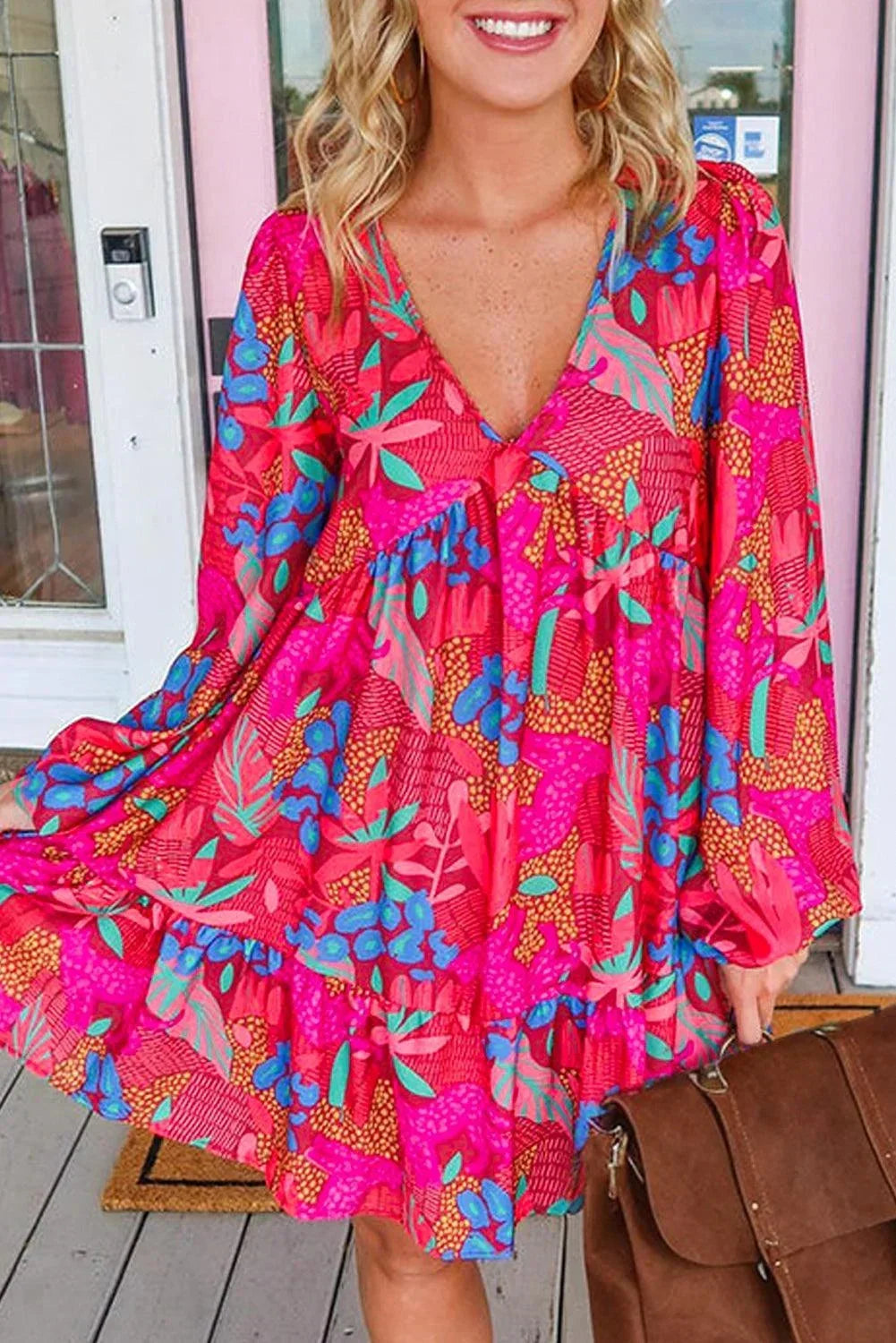 Robe courte femme imprimée manches longues rose vif | ROBEMODE