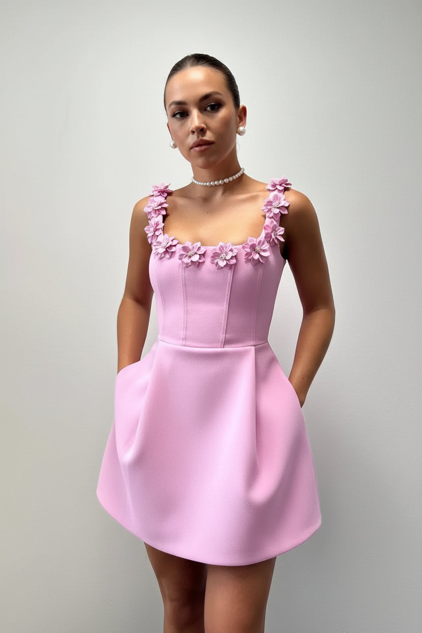 Robe Courte Rose Sans Manches Encolure Florale Femme | Ajustée Été Fête | ROBEMODE