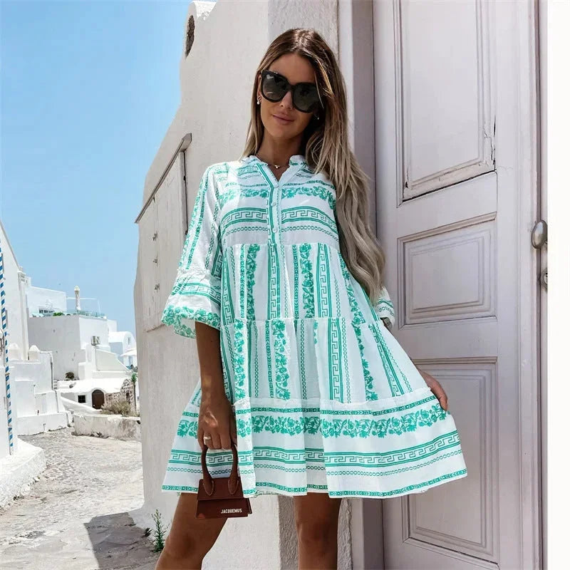 Robe courte femme évasée à motifs col V manches larges | ROBEMODE