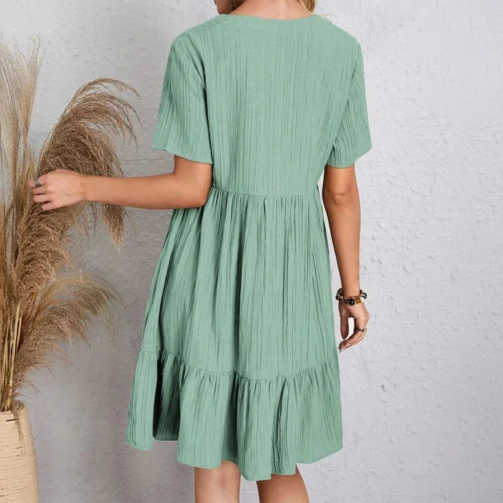 Robe courte femme col en V volantée manches courtes | ROBEMODE