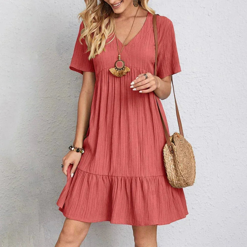 Robe courte femme col en V volantée manches courtes | ROBEMODE