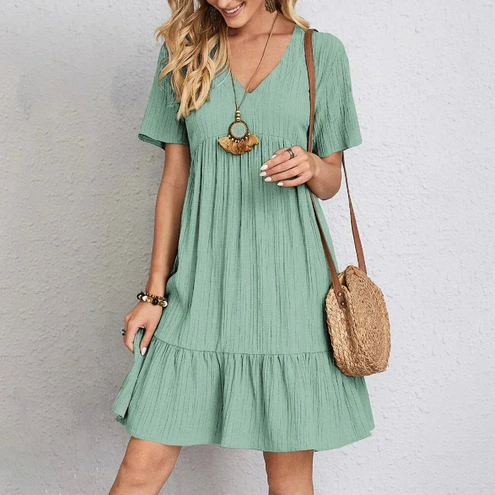 Robe courte femme col en V volantée manches courtes | ROBEMODE