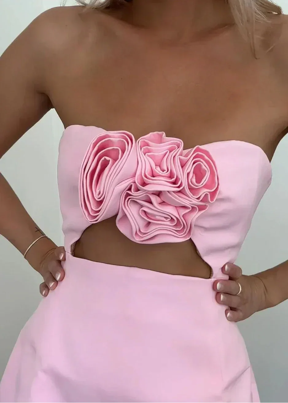 Robe Courte Soirée Bustier Fleurs Rose 1 Coloris | ROBEMODE