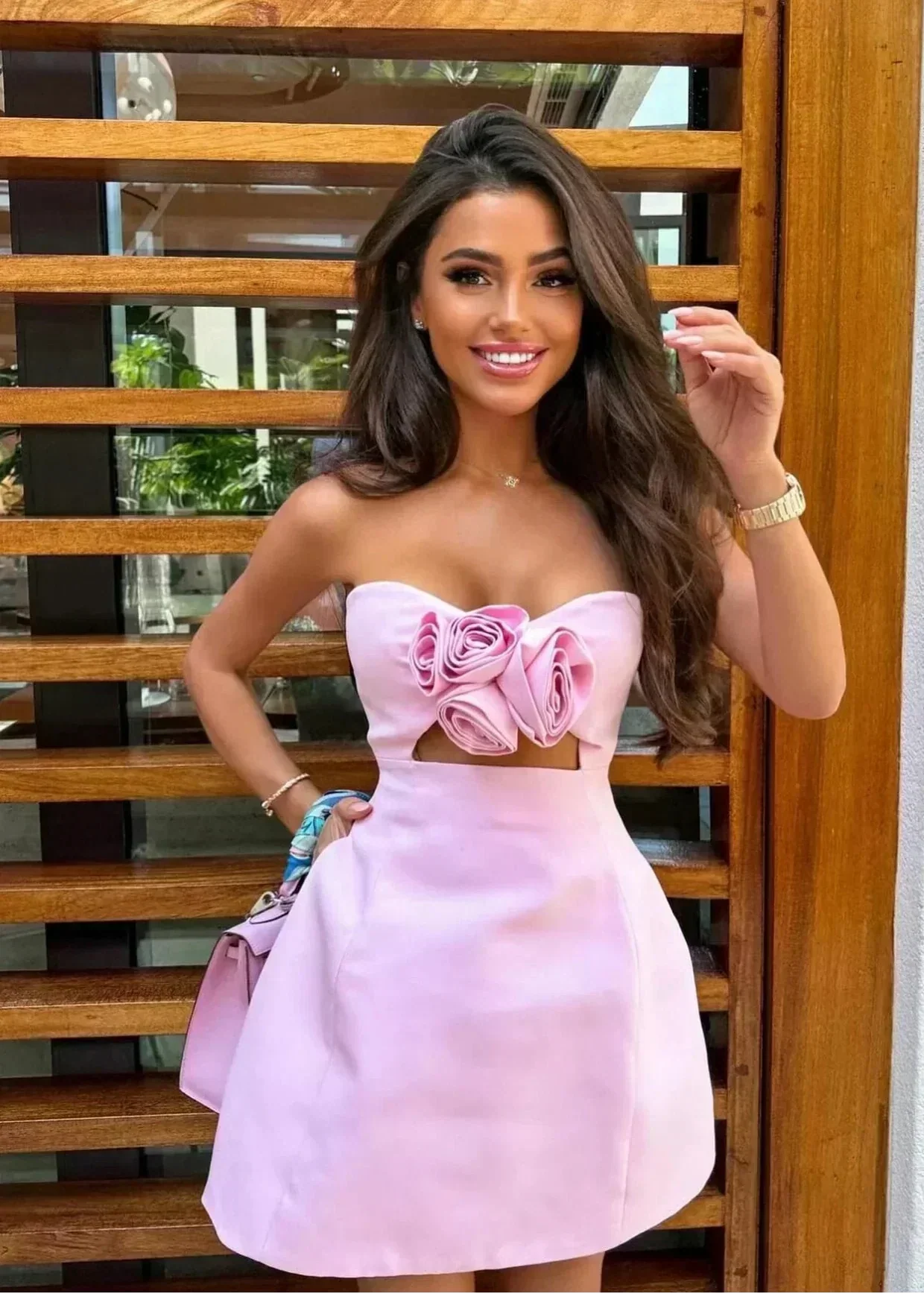 Robe Courte Soirée Bustier Fleurs Rose 1 Coloris | ROBEMODE