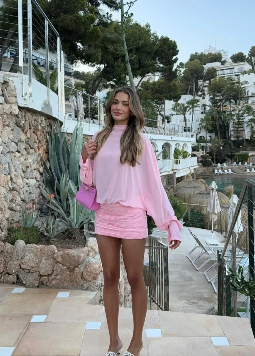 Robe Courte Soirée Rose Manches Longues 1 Coloris | ROBEMODE