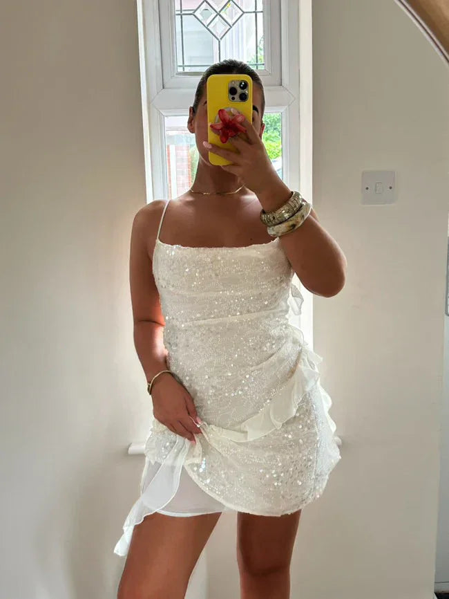 Robe Courte Été Femme Blanche à Sequins 1 Coloris | ROBEMODE