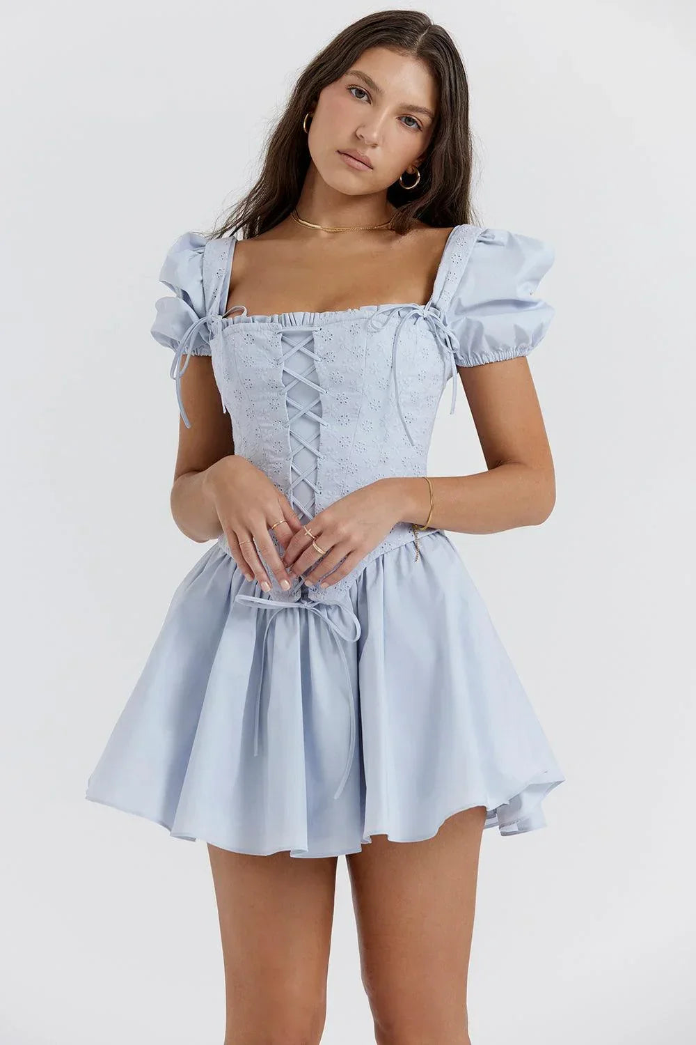 Robe Courte Été Bleue Corset Brodé 1 Coloris | ROBEMODE
