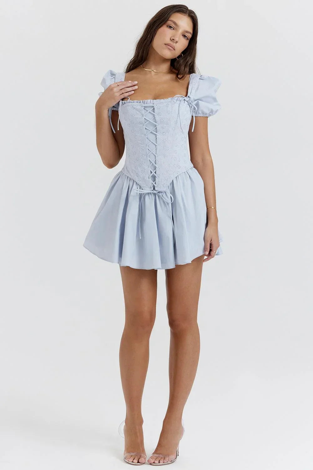 Robe Courte Été Bleue Corset Brodé 1 Coloris | ROBEMODE
