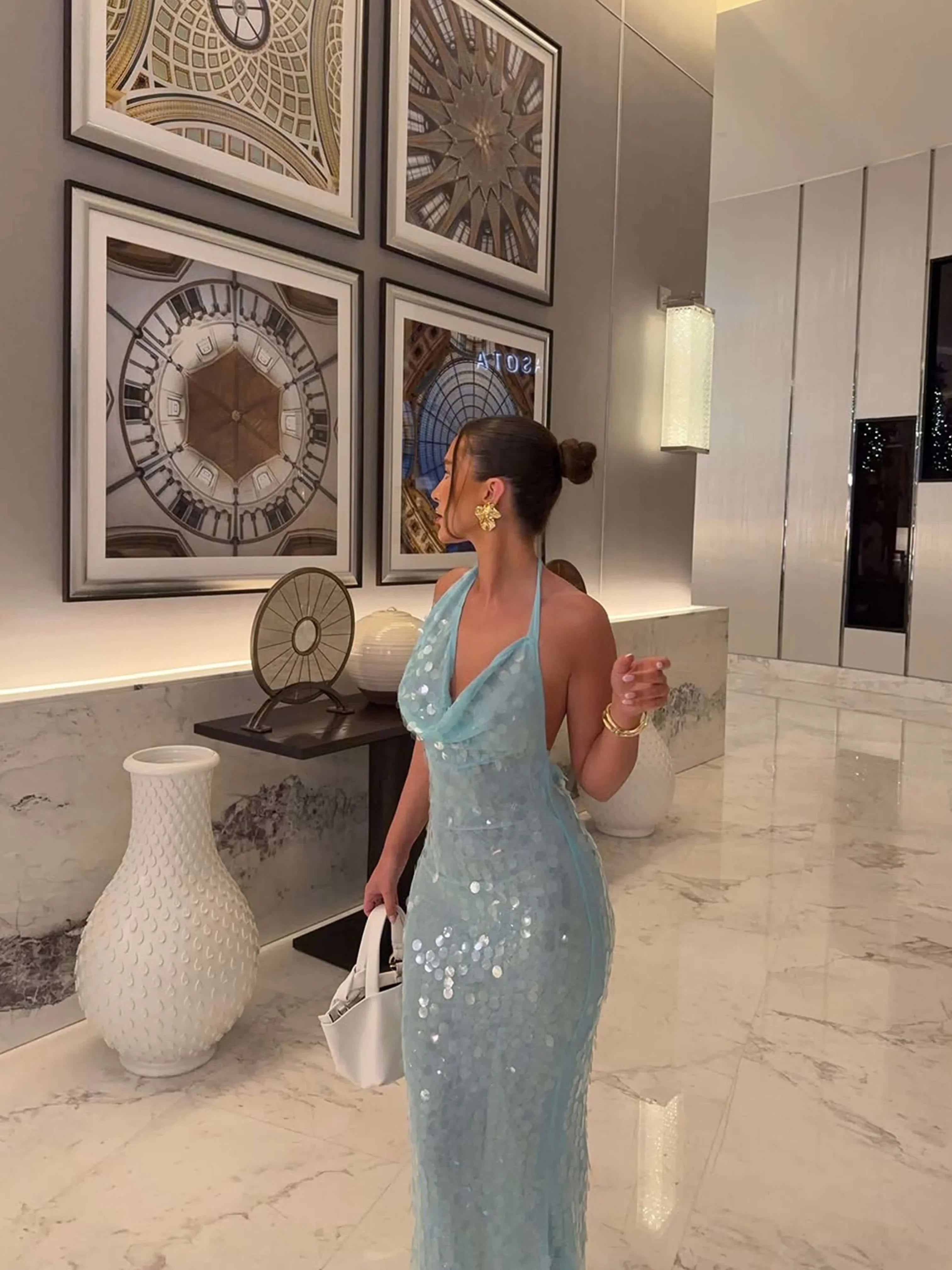 Robe Longue Été Femme Bleue Sequins Soirée | ROBEMODE