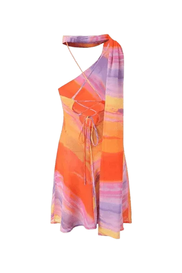 Robe Courte Satin Asymétrique Multicolore Été | ROBEMODE
