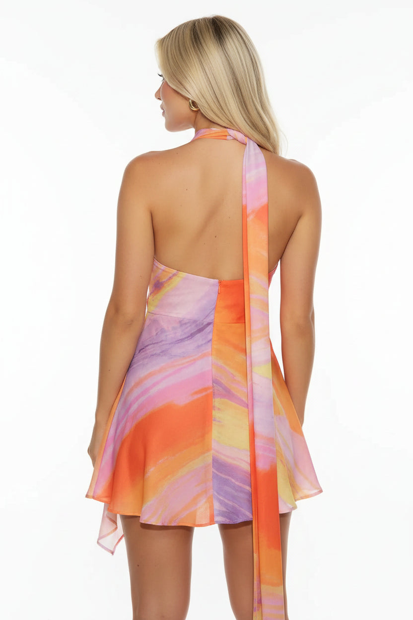 Robe Courte Satin Asymétrique Multicolore Été | ROBEMODE