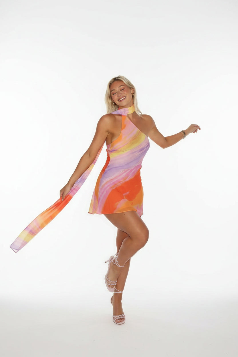 Robe Courte Satin Asymétrique Multicolore Été | ROBEMODE