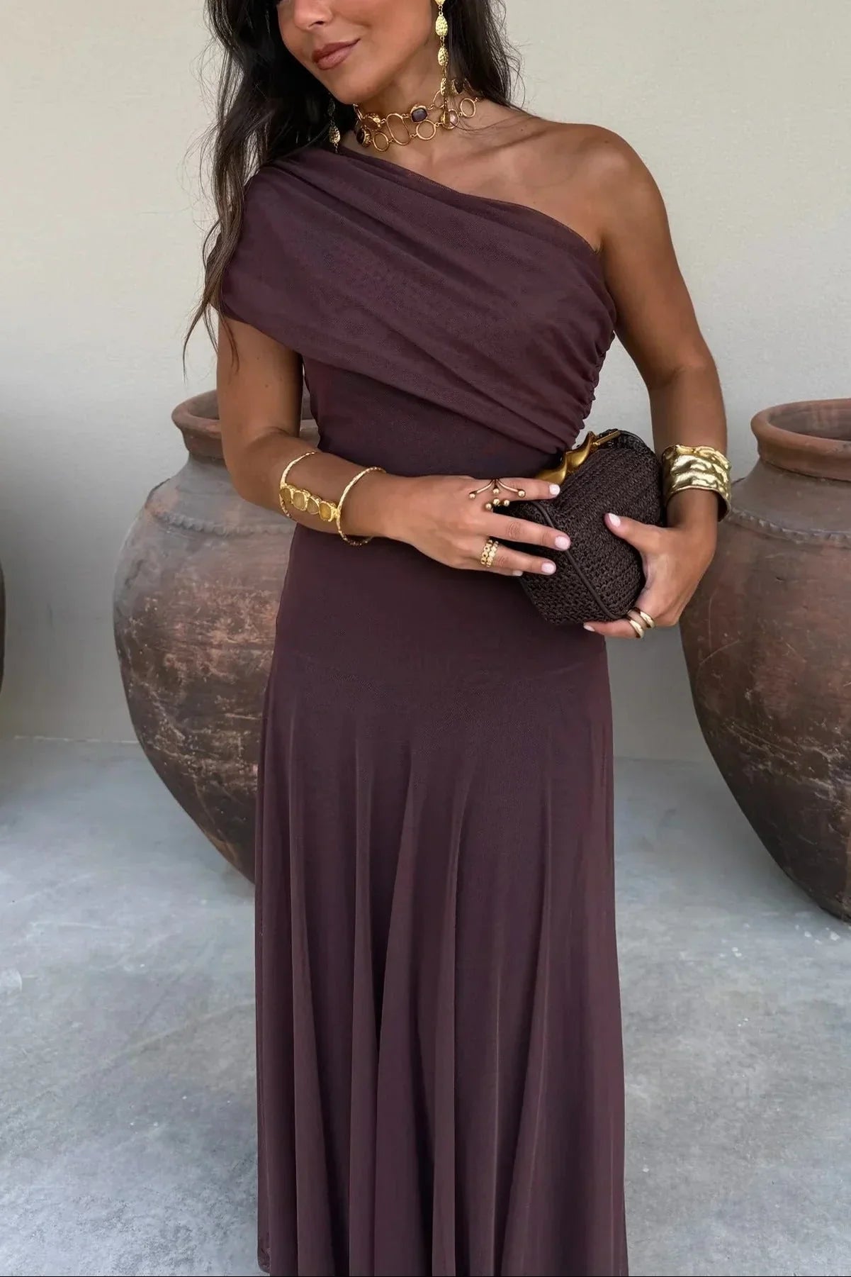 Robe longue été femme plissée une épaule | ROBEMODE