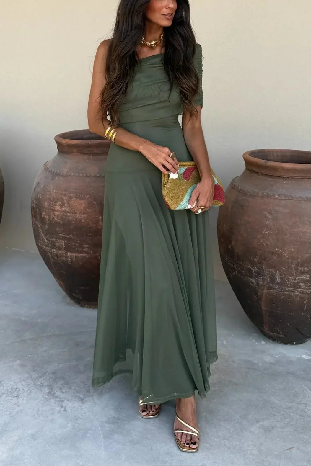 Robe longue été femme plissée une épaule | ROBEMODE