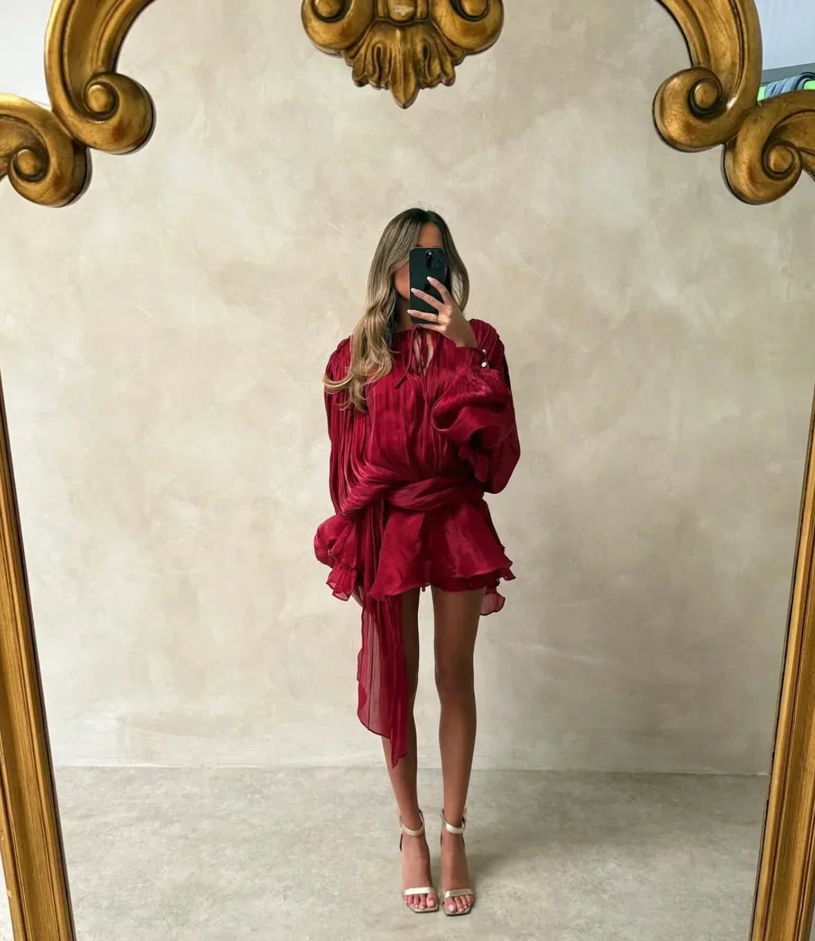Robe Courte Été Plissée Manches Bouffantes | Champagne Rose Rouge Noir + S-XL | ROBEMODE