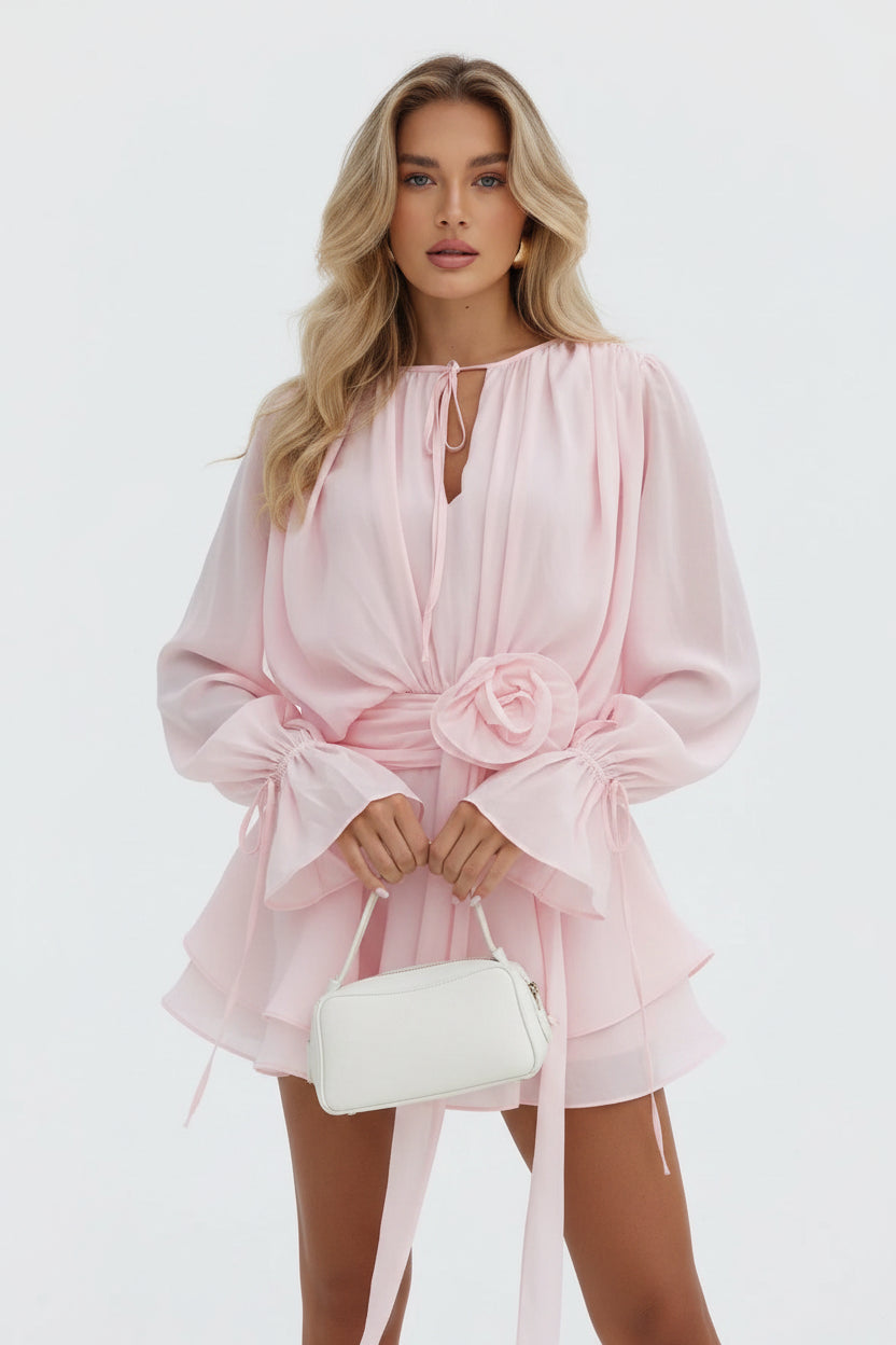 Robe Courte Été Femme Rose à Manches Longues 1 Coloris | ROBEMODE