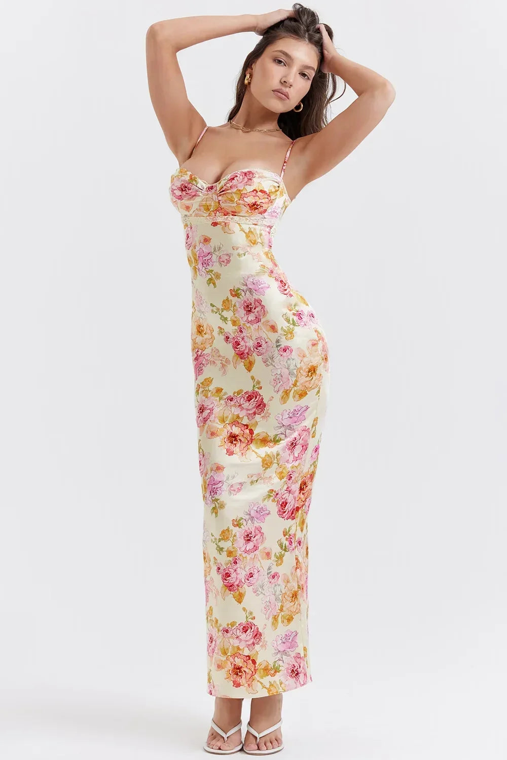 Robe longue ajustée à fleurs décolleté cœur bretelles | Coupe féminine + Style élégant + Facile à accessoiriser – ROBEMODE