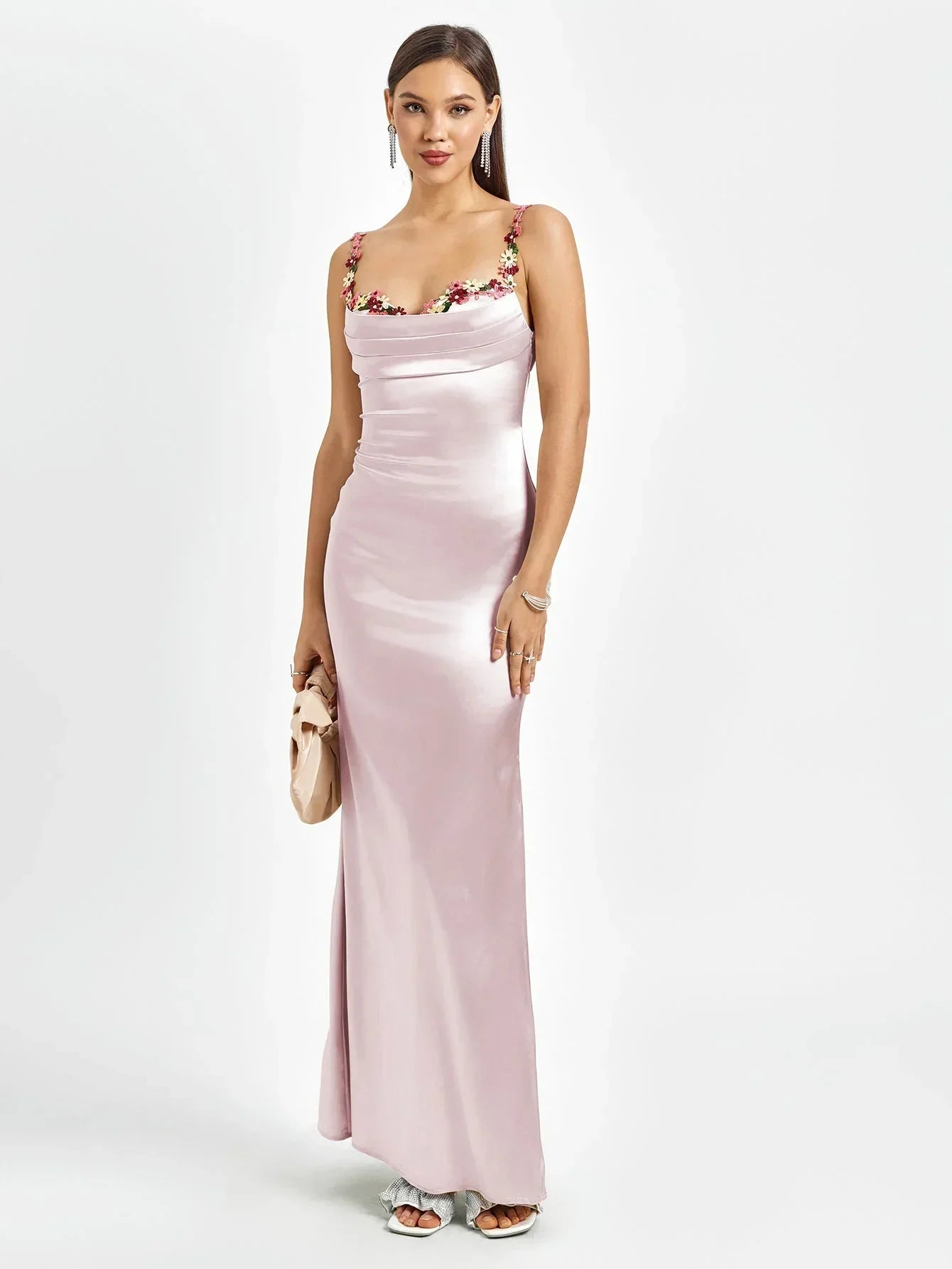 Robe Longue Satinée Ornements Floraux Soirée 4 Coloris | ROBEMODE