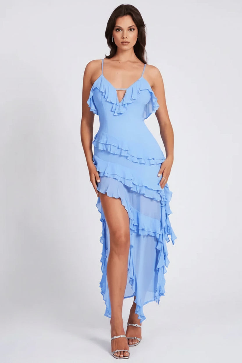 Robe longue femme asymétrique bleue avec volants | Coupe féminine + Style élégant + Facile à accessoiriser – ROBEMODE