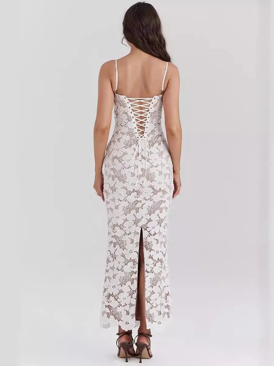 Robe longue femme dentelle florale blanche bretelles fines | ROBEMODE