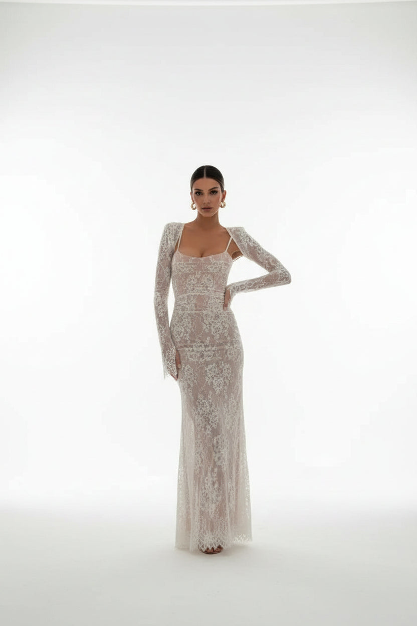 Robe longue femme blanche en dentelle manches longues | Coupe féminine + Style élégant + Facile à accessoiriser – ROBEMODE