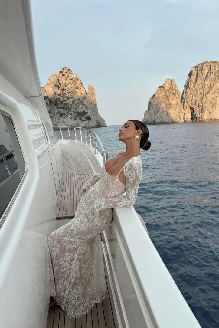 Robe longue femme blanche en dentelle manches longues | Coupe féminine + Style élégant + Facile à accessoiriser – ROBEMODE