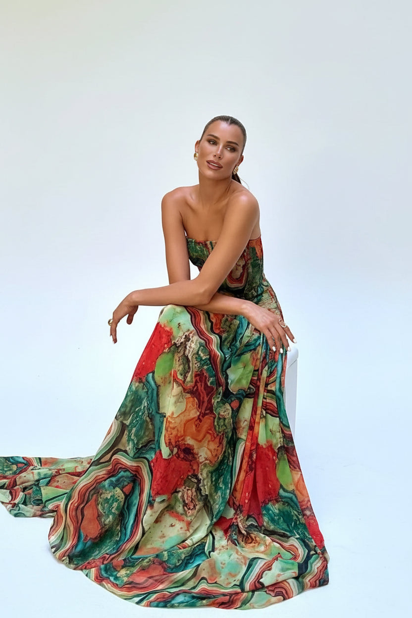 Robe longue buste dénudé imprimé multicolore | ROBEMODE