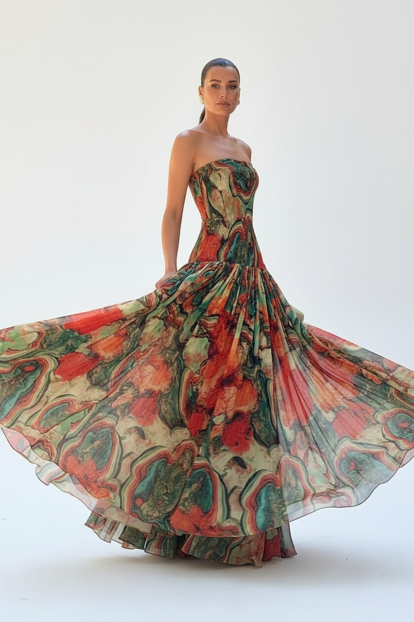 Robe longue buste dénudé imprimé multicolore | ROBEMODE