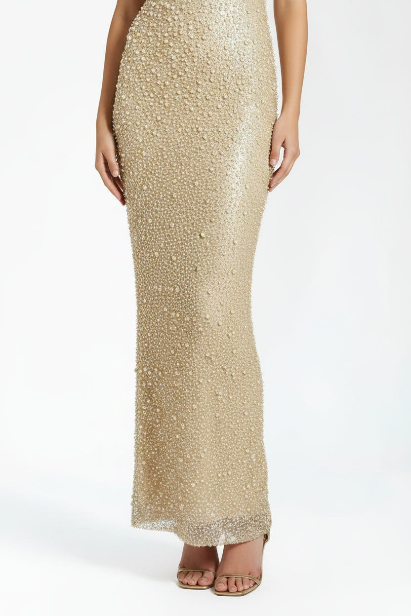 Robe Longue Dorée Pailletée Sans Bretelles Col Droit | ROBEMODE