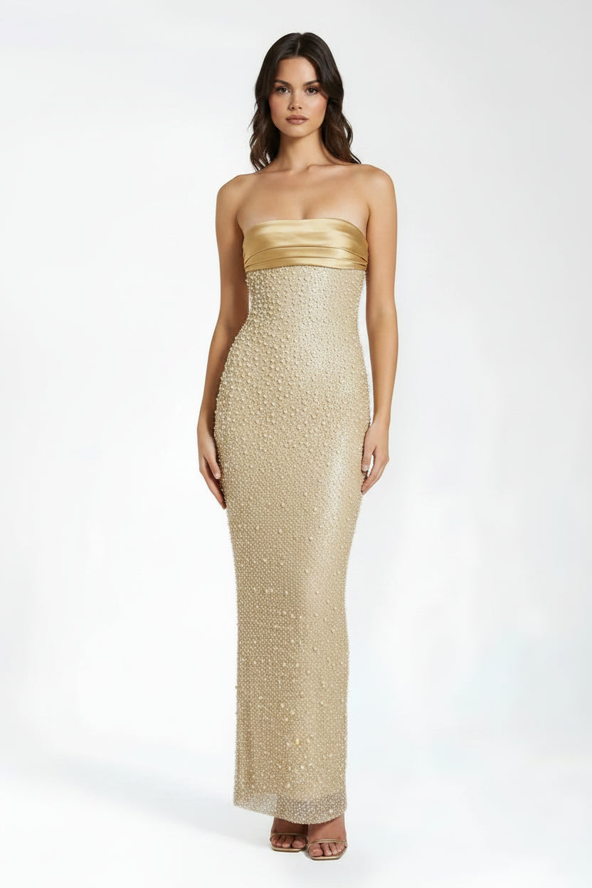 Robe Longue Dorée Pailletée Sans Bretelles Col Droit | ROBEMODE