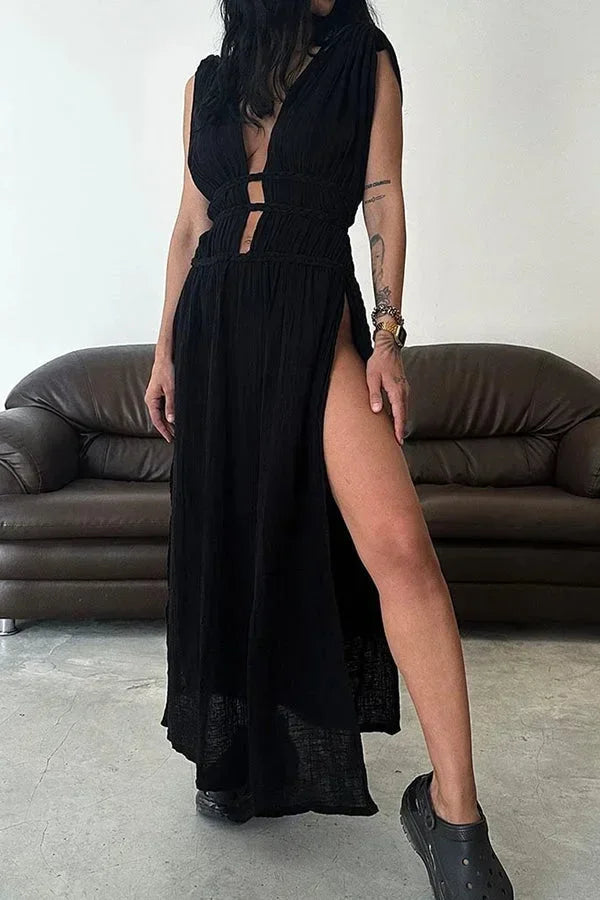 Robe Longue Dos Nu Découpes Fente Élégante Soirée | ROBEMODE
