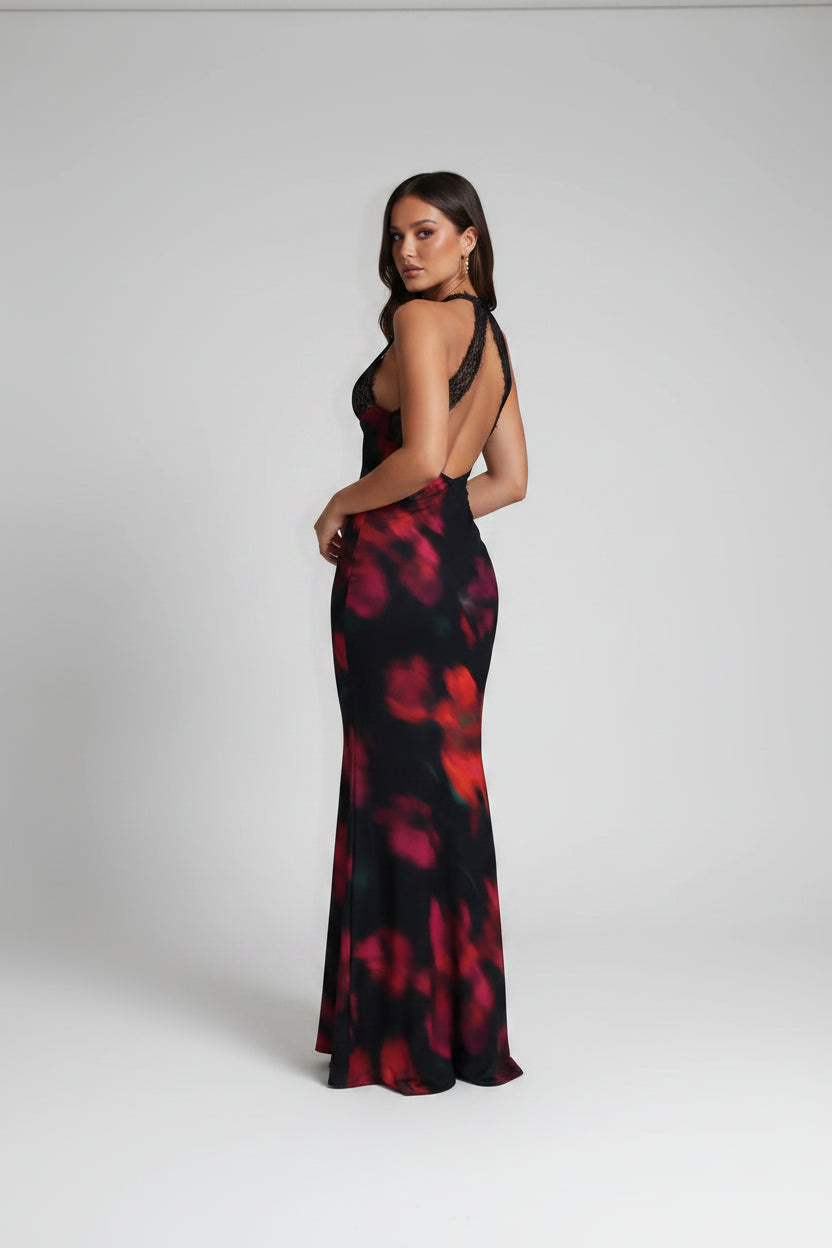Robe longue femme dos nu imprimée noire soirée | ROBEMODE