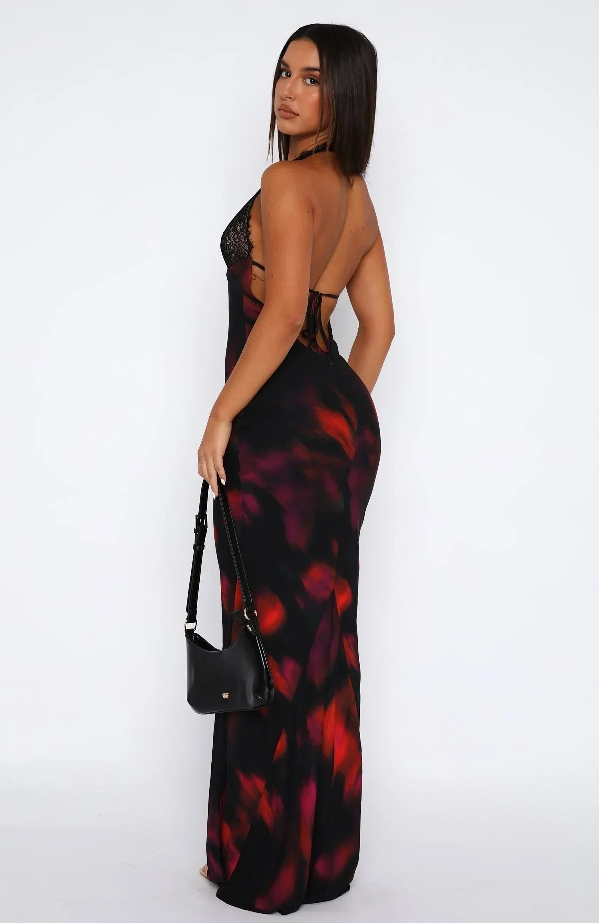 Robe longue femme dos nu imprimée noire soirée