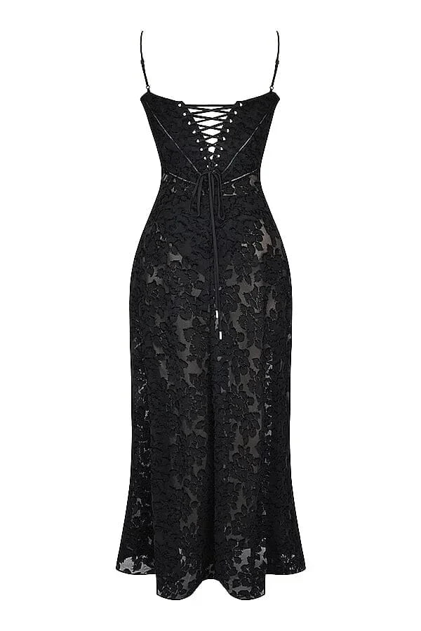 Robe longue femme dentelle florale bretelles ajustables gala | ROBEMODE