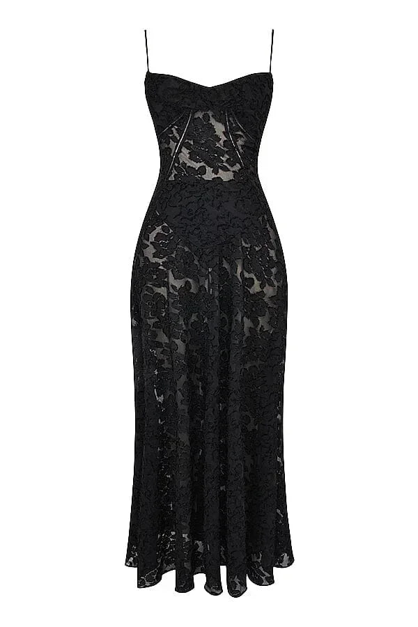 Robe longue femme dentelle florale bretelles ajustables gala | ROBEMODE