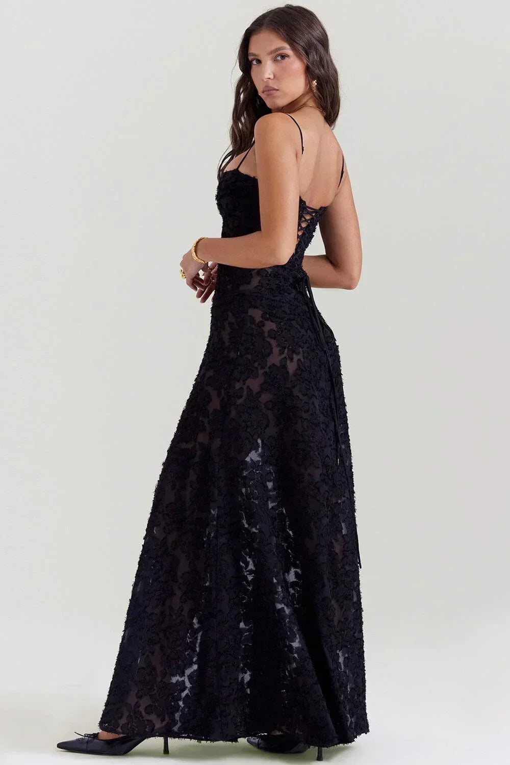 Robe longue femme dentelle florale bretelles ajustables gala | ROBEMODE