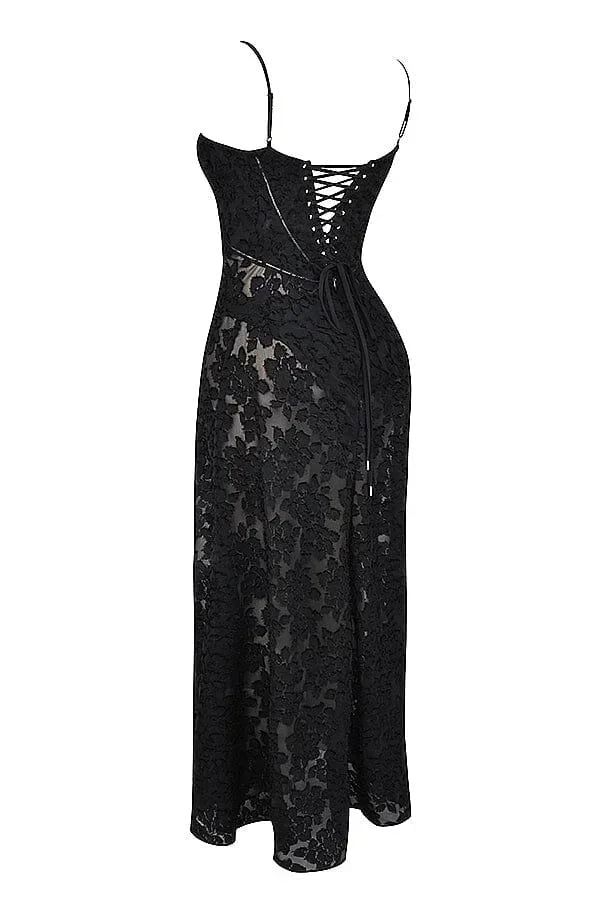 Robe longue femme dentelle florale bretelles ajustables gala | ROBEMODE
