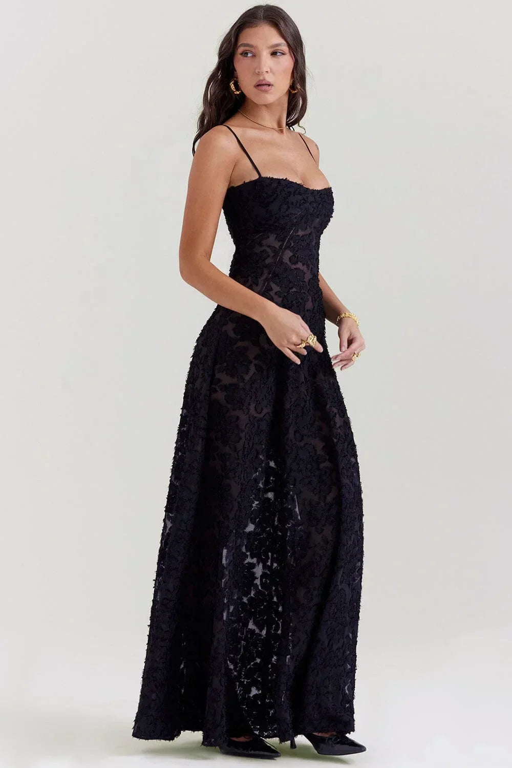 Robe longue femme dentelle florale bretelles ajustables gala | ROBEMODE