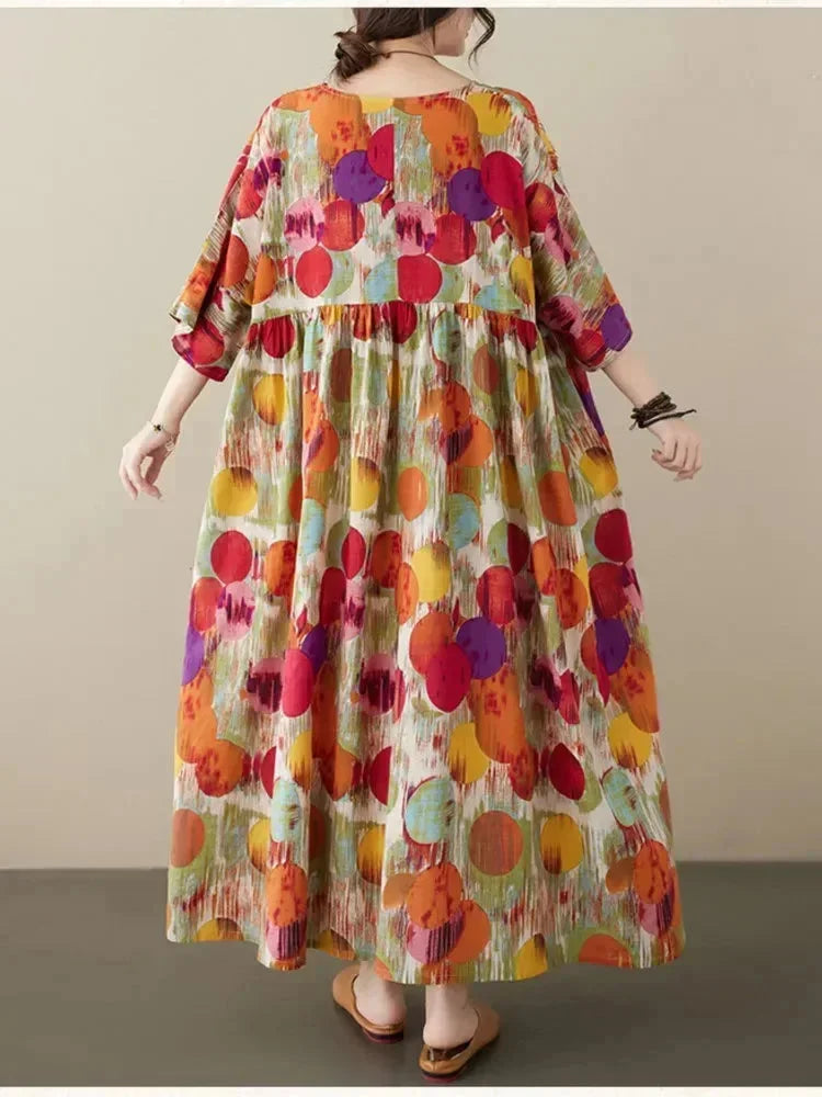 Robe longue femme ample imprimé artistique manches mi-longues | ROBEMODE