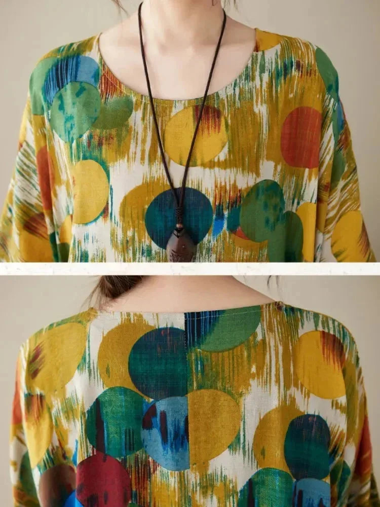 Robe longue femme ample imprimé artistique manches mi-longues | ROBEMODE