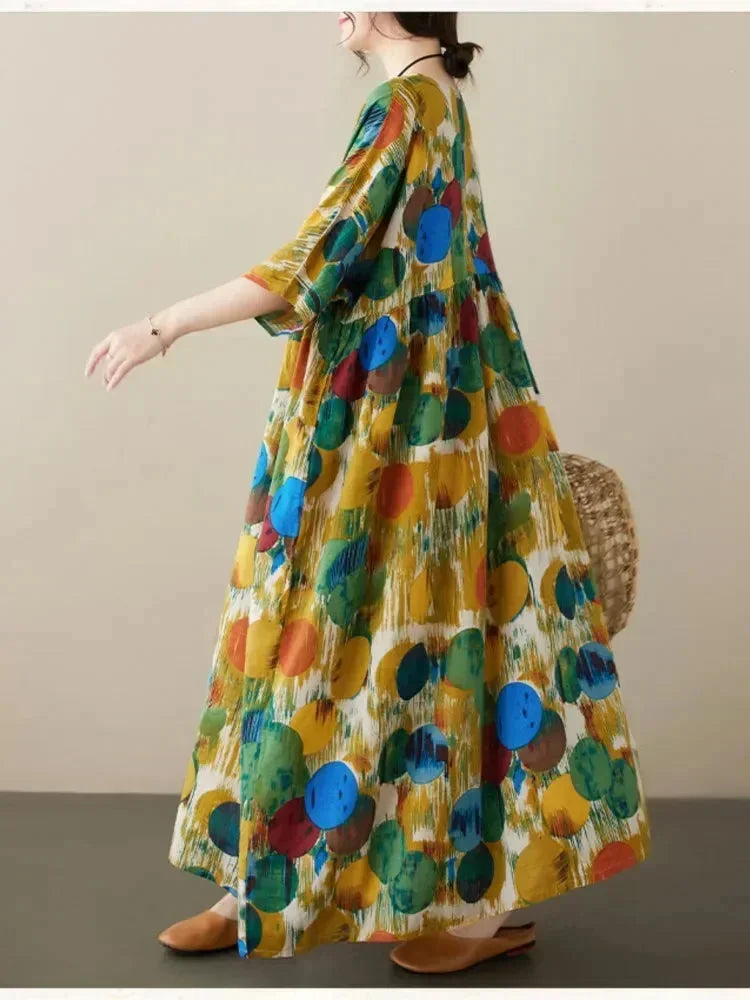 Robe longue femme ample imprimé artistique manches mi-longues | ROBEMODE