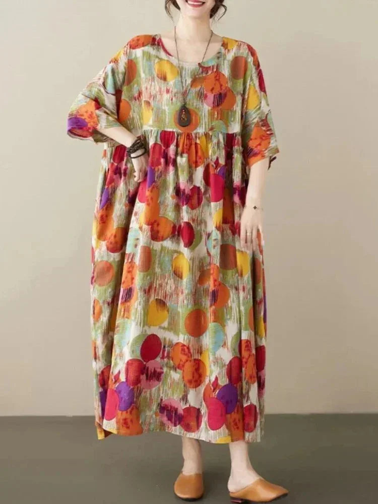 Robe longue femme ample imprimé artistique manches mi-longues | ROBEMODE