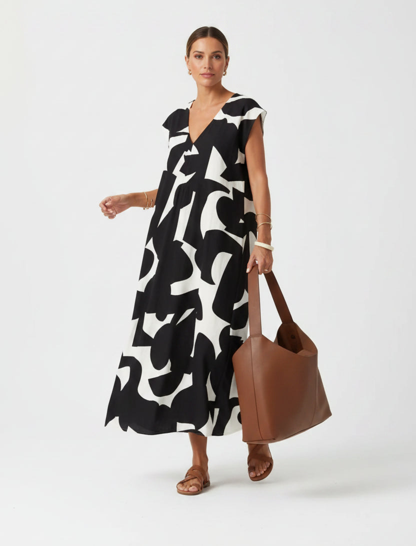 Robe longue femme avec col V et motifs fluides | Coupe féminine + Style élégant + Facile à accessoiriser – ROBEMODE