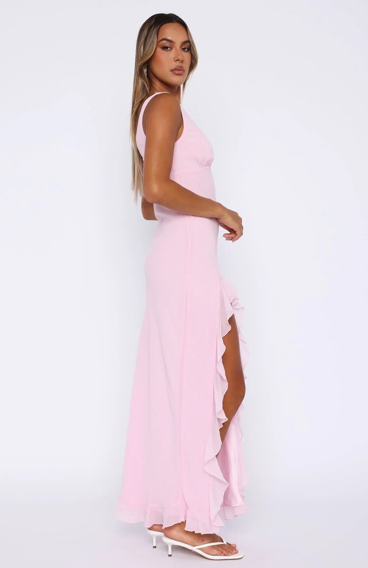 Robe Longue Décolleté V Volants Fente Latérale 2 Coloris | ROBEMODE