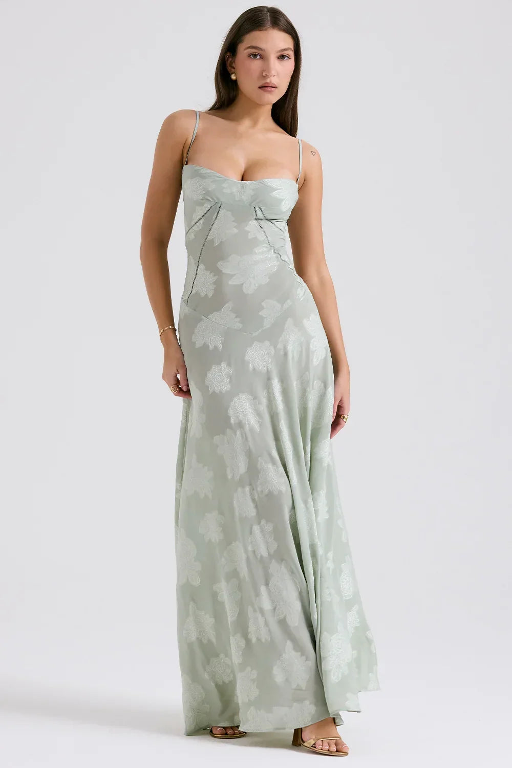 Robe longue femme avec dentelle florale et bretelles fines | ROBEMODE
